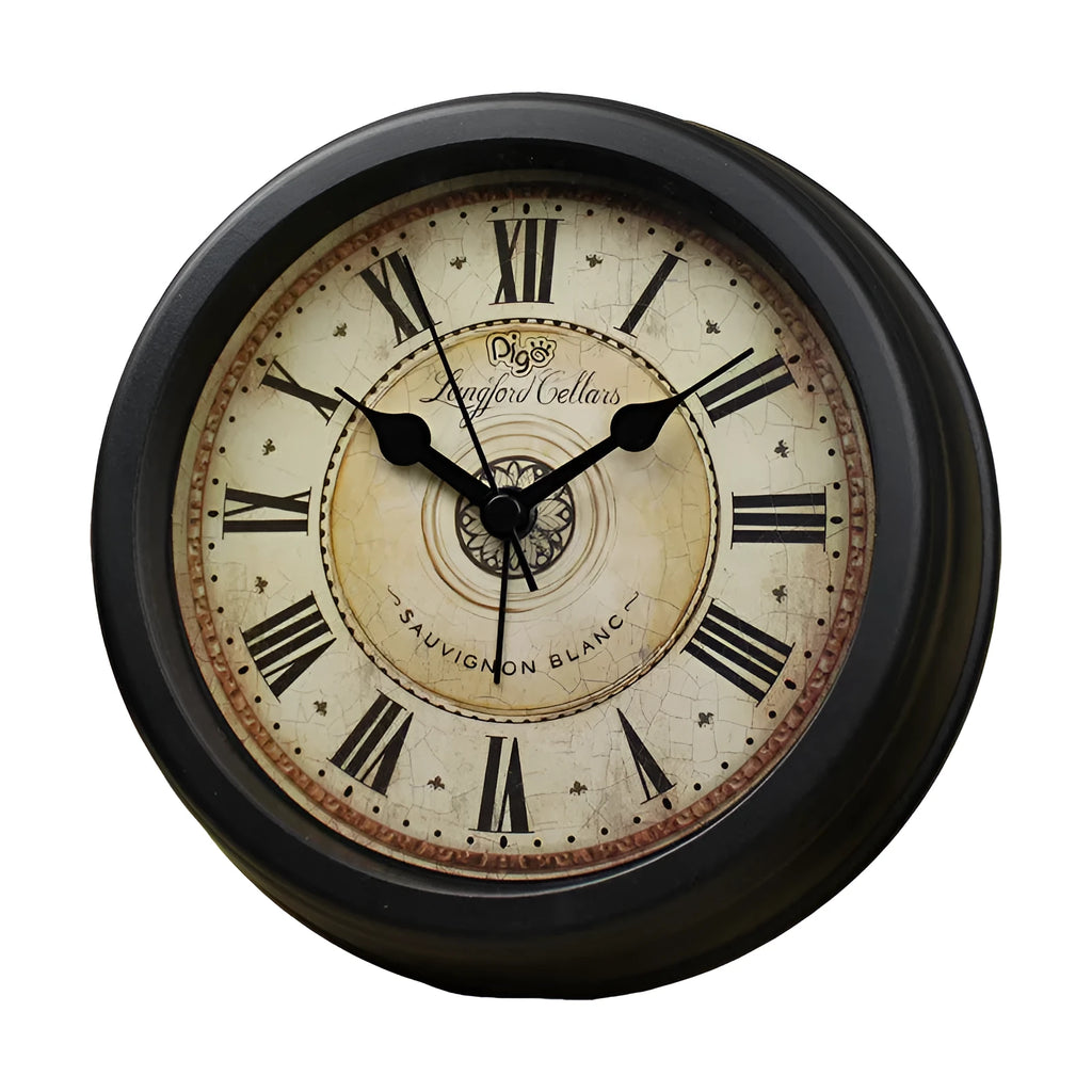 Round 6 inch retro European style desk clock with silent alarm on wooden surface