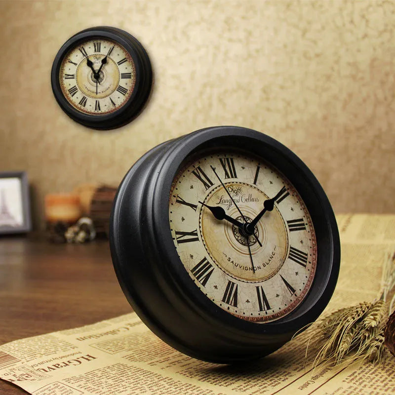 Round 6 inch retro European style desk clock with silent alarm on wooden surface