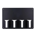 Black plastic wall-mounted rack holding four hair clippers with included screws for installation.