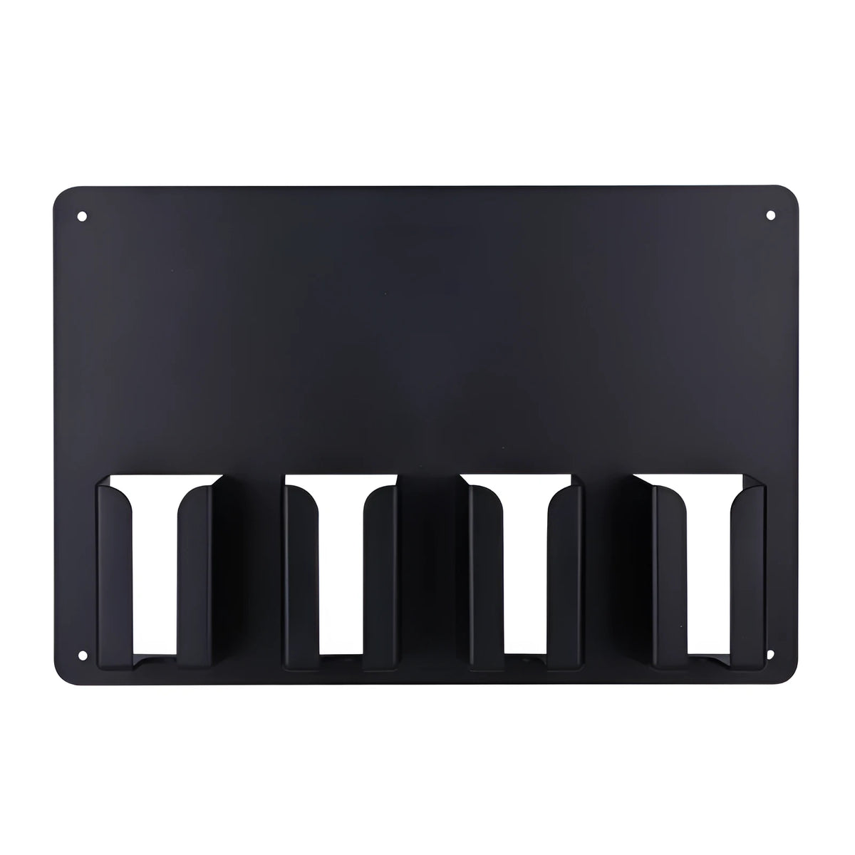 Black plastic wall-mounted rack holding four hair clippers with included screws for installation.