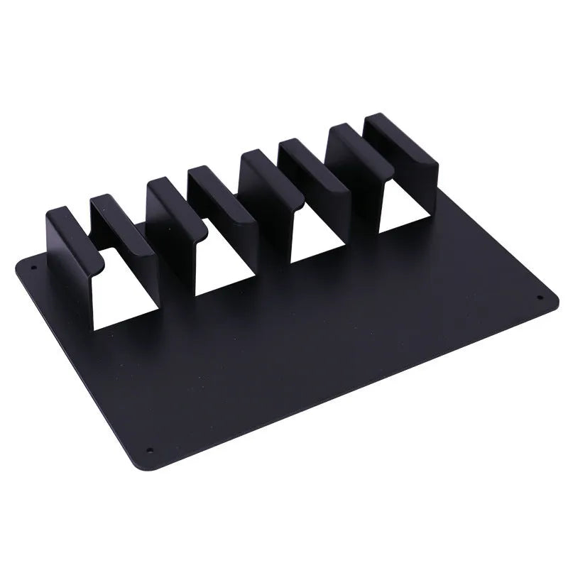Black plastic wall-mounted rack holding four hair clippers with included screws for installation.