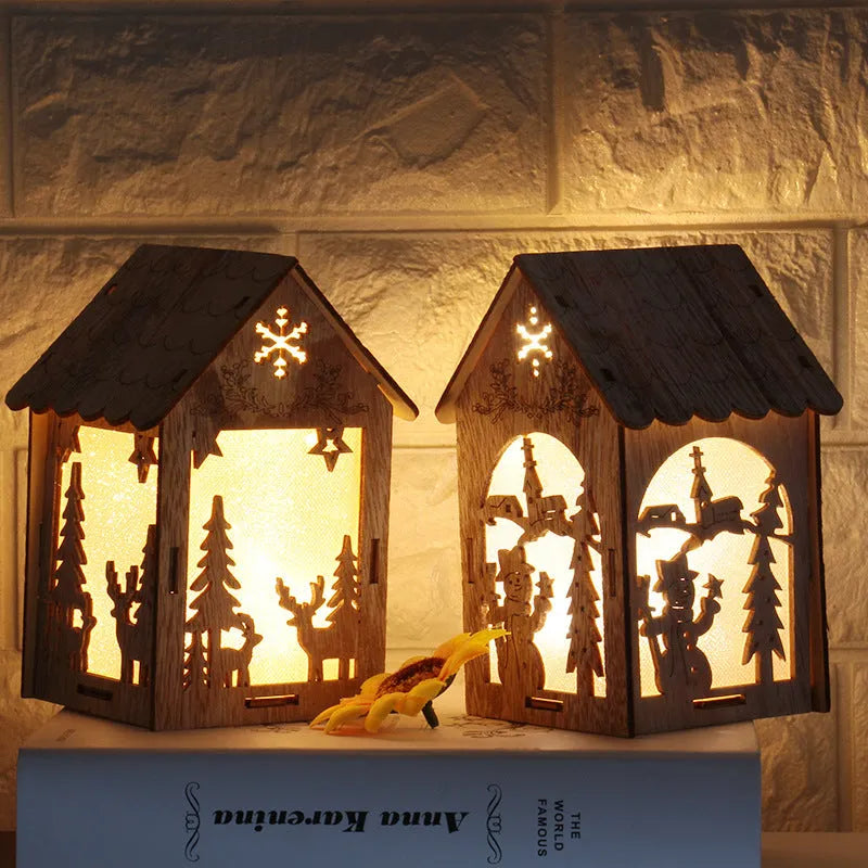 Three wooden Christmas house decorations including log bell, old man house, and snowman house in natural wood colour