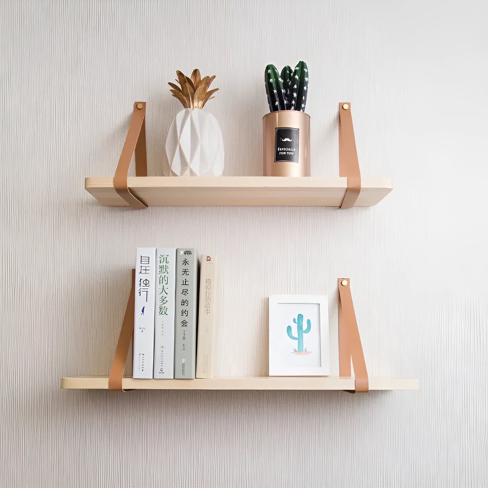 Pine wood wall-mounted shelf in Nordic style for storing remotes, books, and cosmetics.