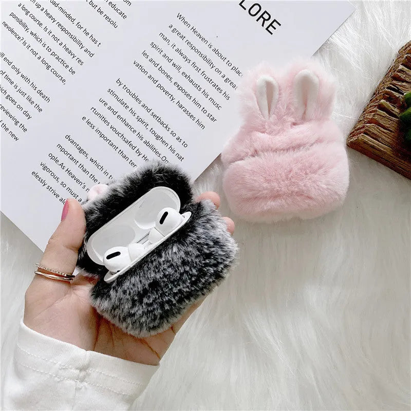 Soft silicone AirPods protective cover with pink plush rabbit ears for Apple wireless earbuds