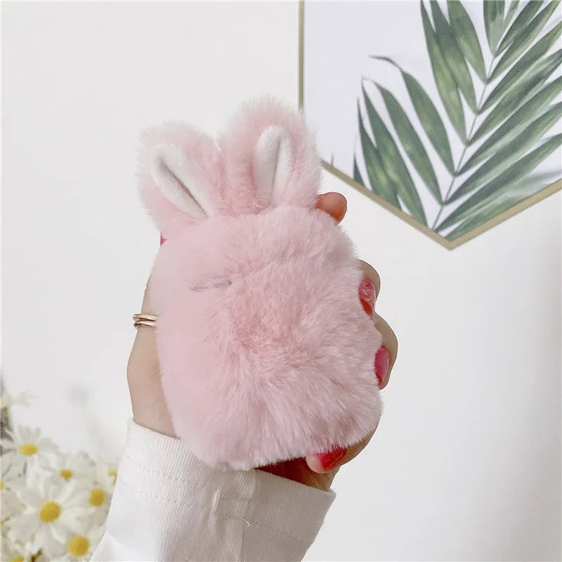 Soft silicone AirPods protective cover with pink plush rabbit ears for Apple wireless earbuds