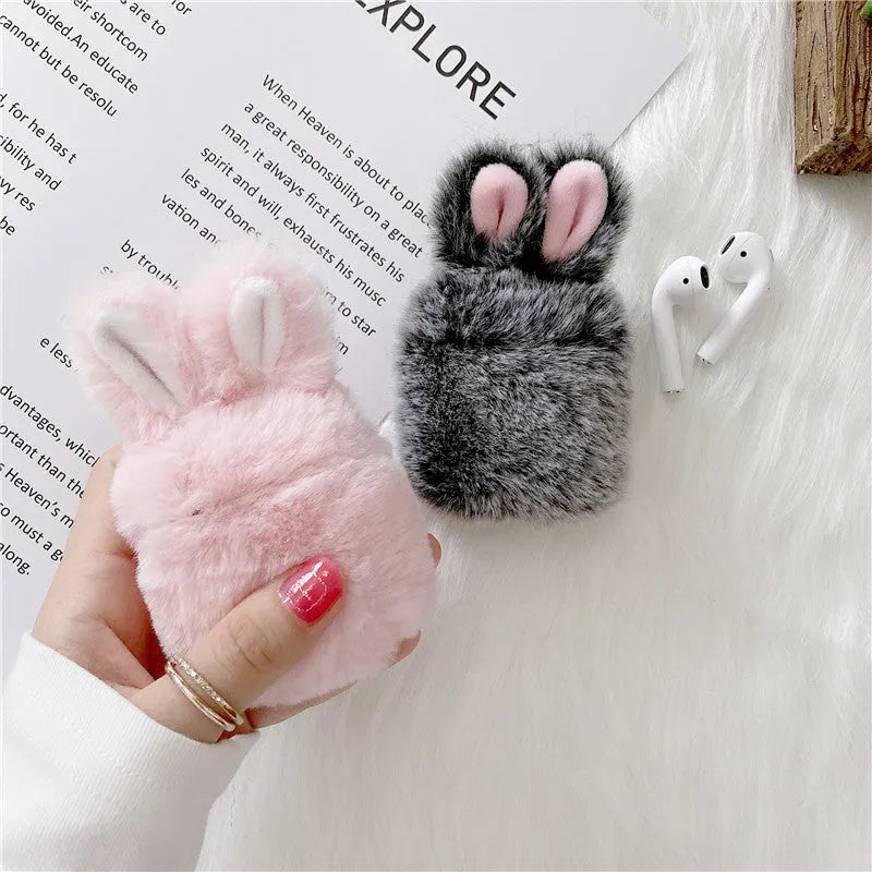 Soft silicone AirPods protective cover with pink plush rabbit ears for Apple wireless earbuds