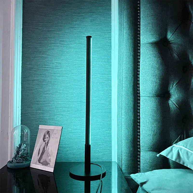 Nordic minimalist black bedside table lamp with RGB LED lighting and remote control