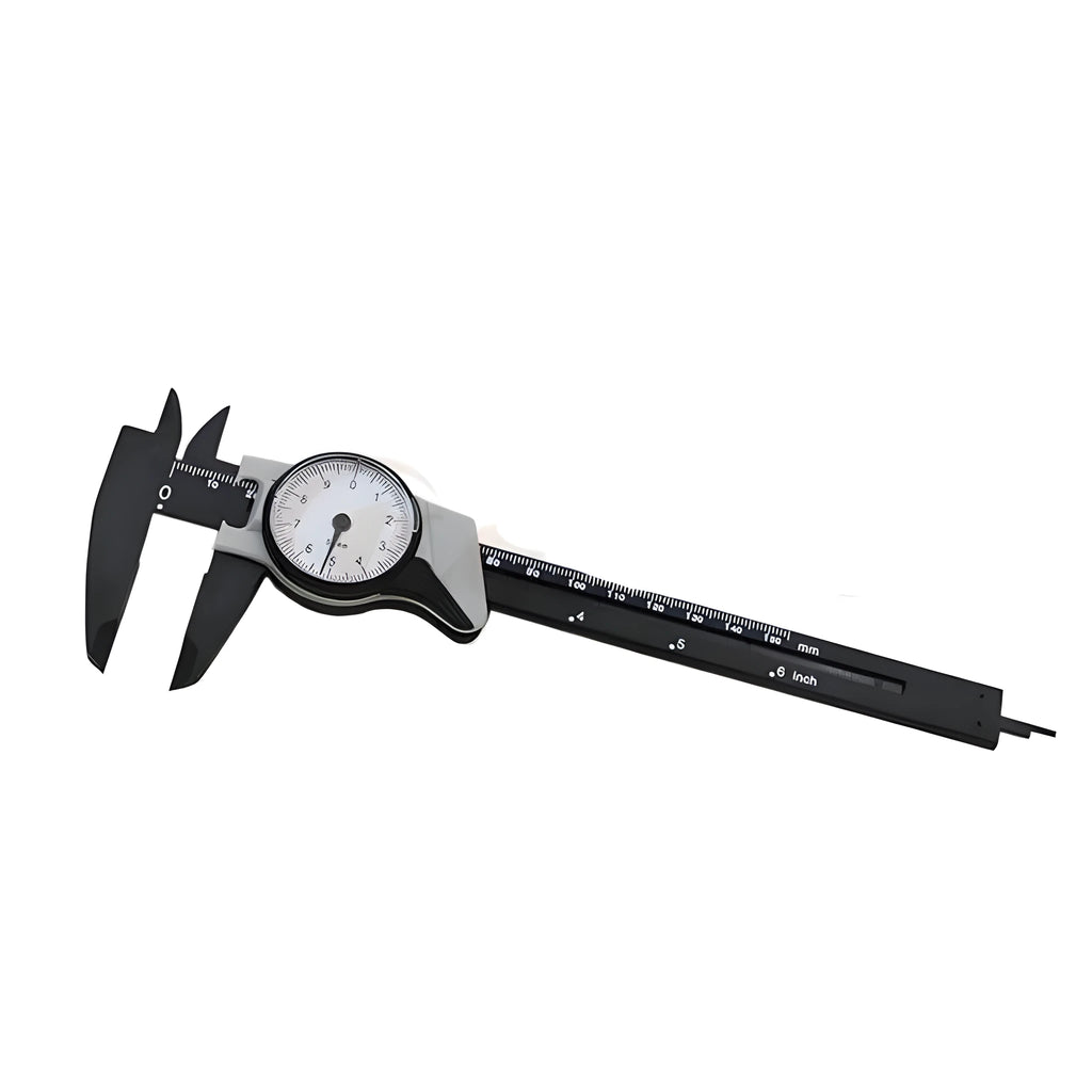 Black and white plastic vernier caliper showing 0-150mm measurement scale with 0.1mm resolution