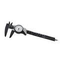 Black and white plastic vernier caliper showing 0-150mm measurement scale with 0.1mm resolution
