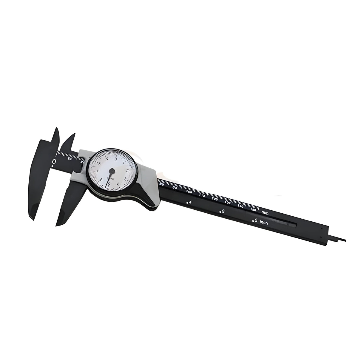 Black and white plastic vernier caliper showing 0-150mm measurement scale with 0.1mm resolution