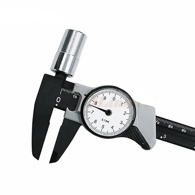 Black and white plastic vernier caliper showing 0-150mm measurement scale with 0.1mm resolution