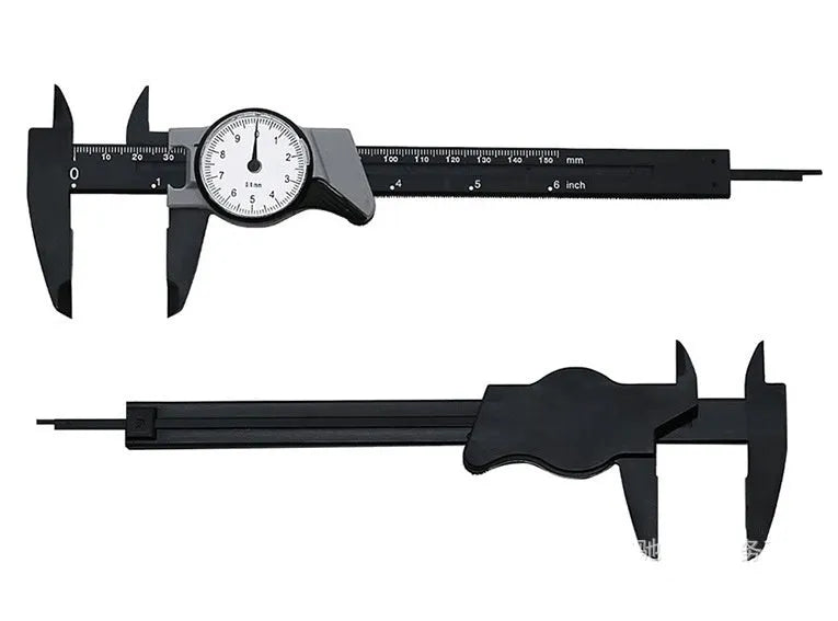 Black and white plastic vernier caliper showing 0-150mm measurement scale with 0.1mm resolution