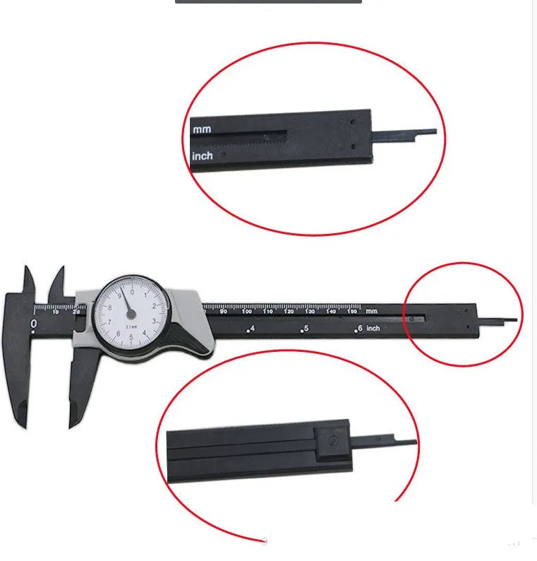 Black and white plastic vernier caliper showing 0-150mm measurement scale with 0.1mm resolution