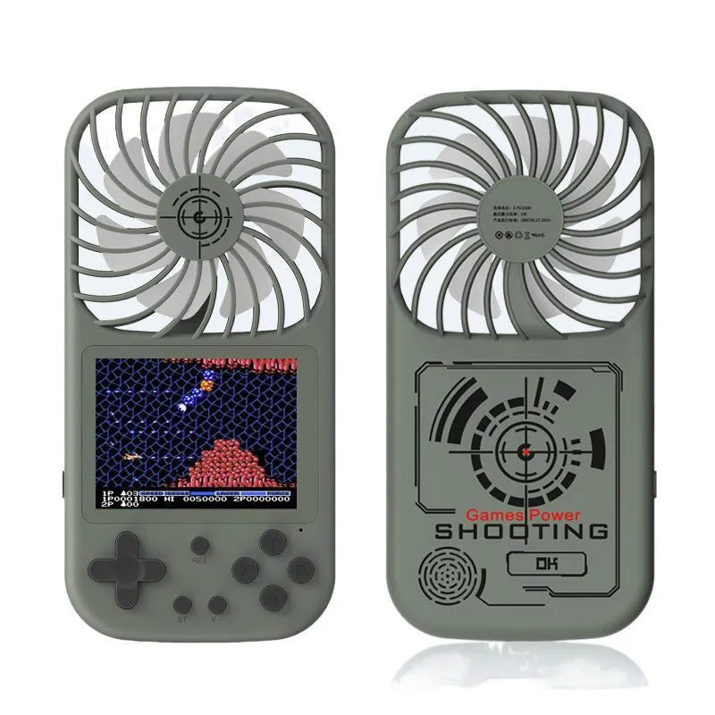 Mini handheld games console with built-in fan, 2.8-inch screen, and 500 classic games, in Dark Green