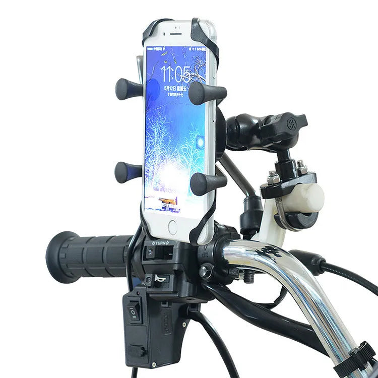 Black aluminium alloy motorcycle and bicycle phone mounting bracket attached to a handlebar.