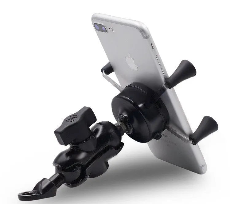 Black aluminium alloy motorcycle and bicycle phone mounting bracket attached to a handlebar.