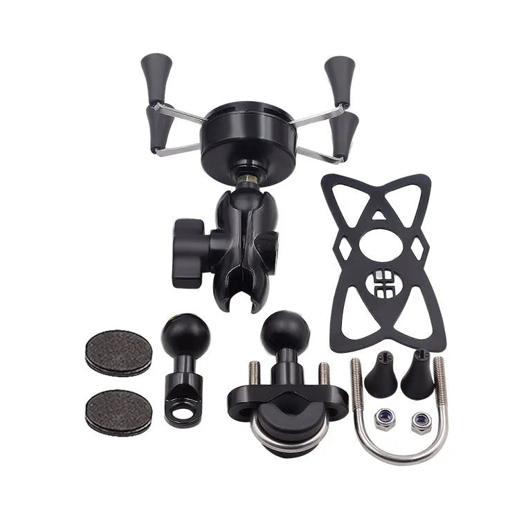 Black aluminium alloy motorcycle and bicycle phone mounting bracket attached to a handlebar.
