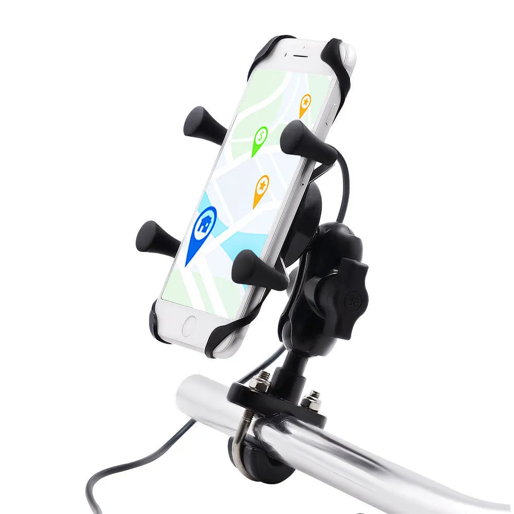 Black aluminium alloy motorcycle and bicycle phone mounting bracket attached to a handlebar.