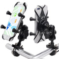 Black aluminium alloy motorcycle and bicycle phone mounting bracket attached to a handlebar.