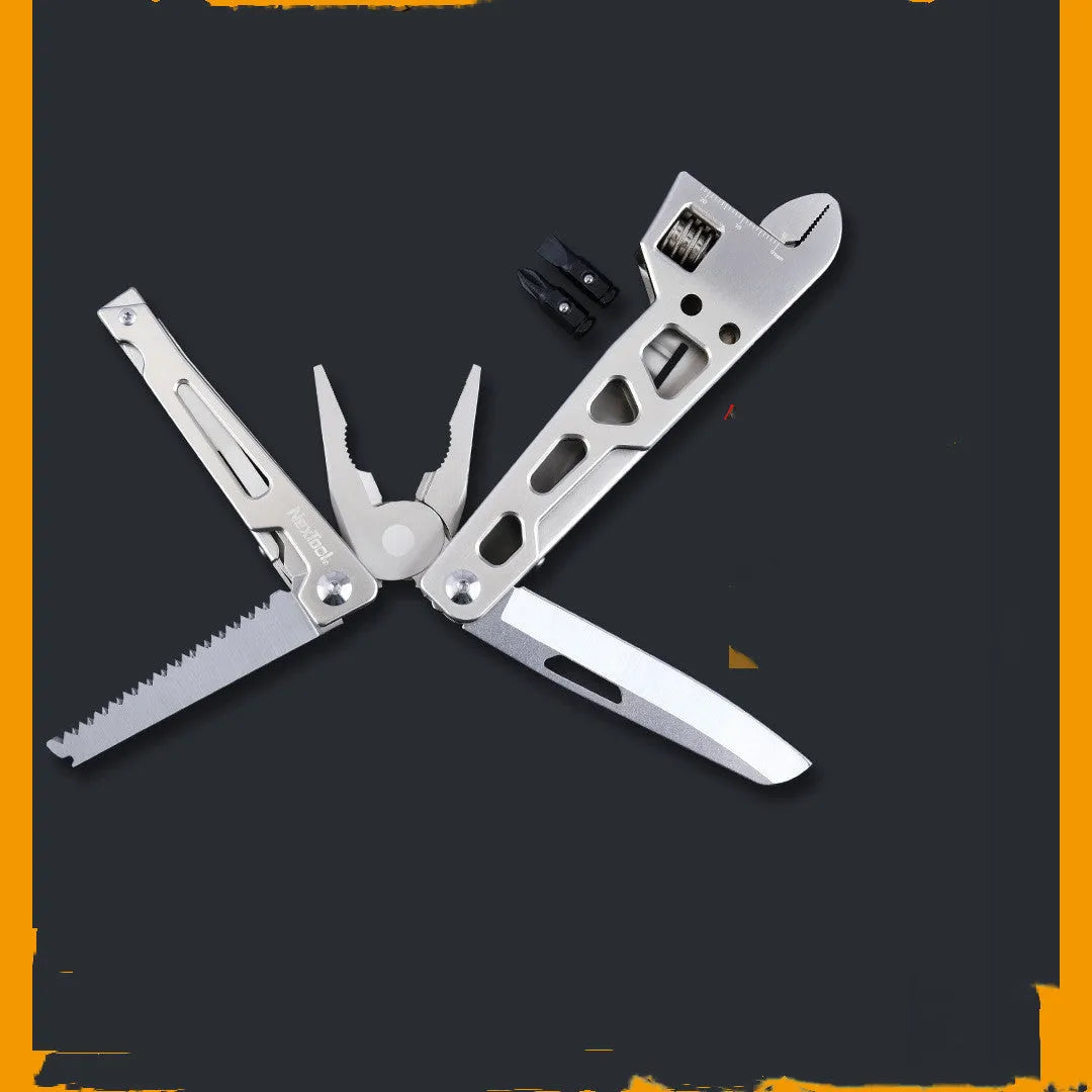 Stainless steel multi-function tool with wrench, knife blade, and needle nose pliers heads.