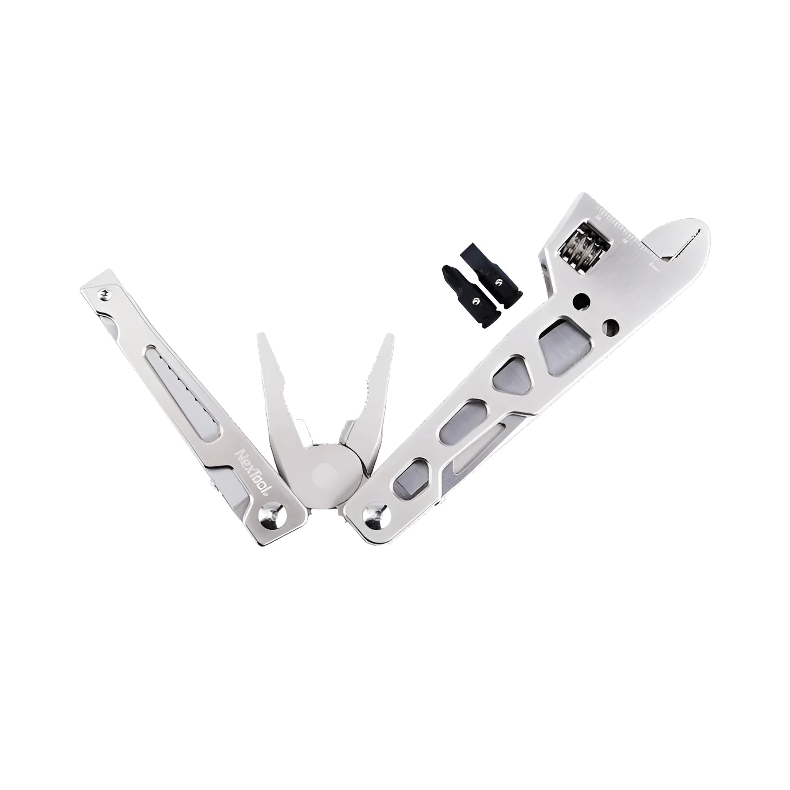 Stainless steel multi-function tool with wrench, knife blade, and needle nose pliers heads.