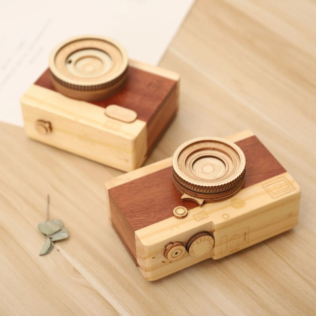 Wooden music box with rotating camera mechanism in pine wood construction