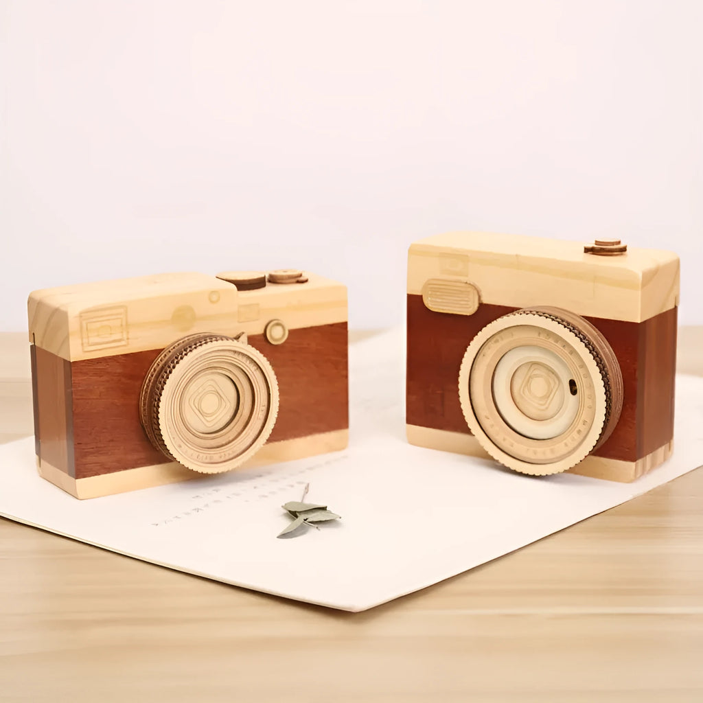Wooden music box with rotating camera mechanism in pine wood construction