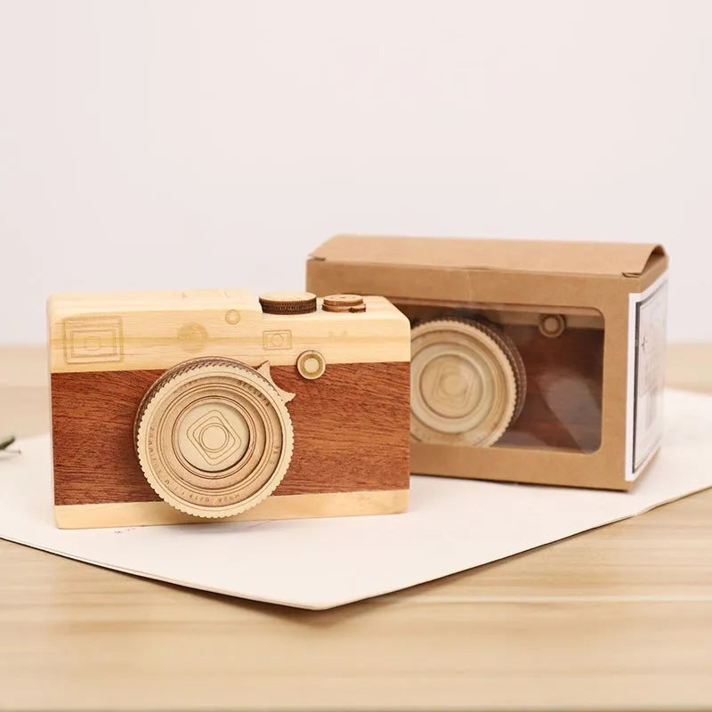Wooden music box with rotating camera mechanism in pine wood construction