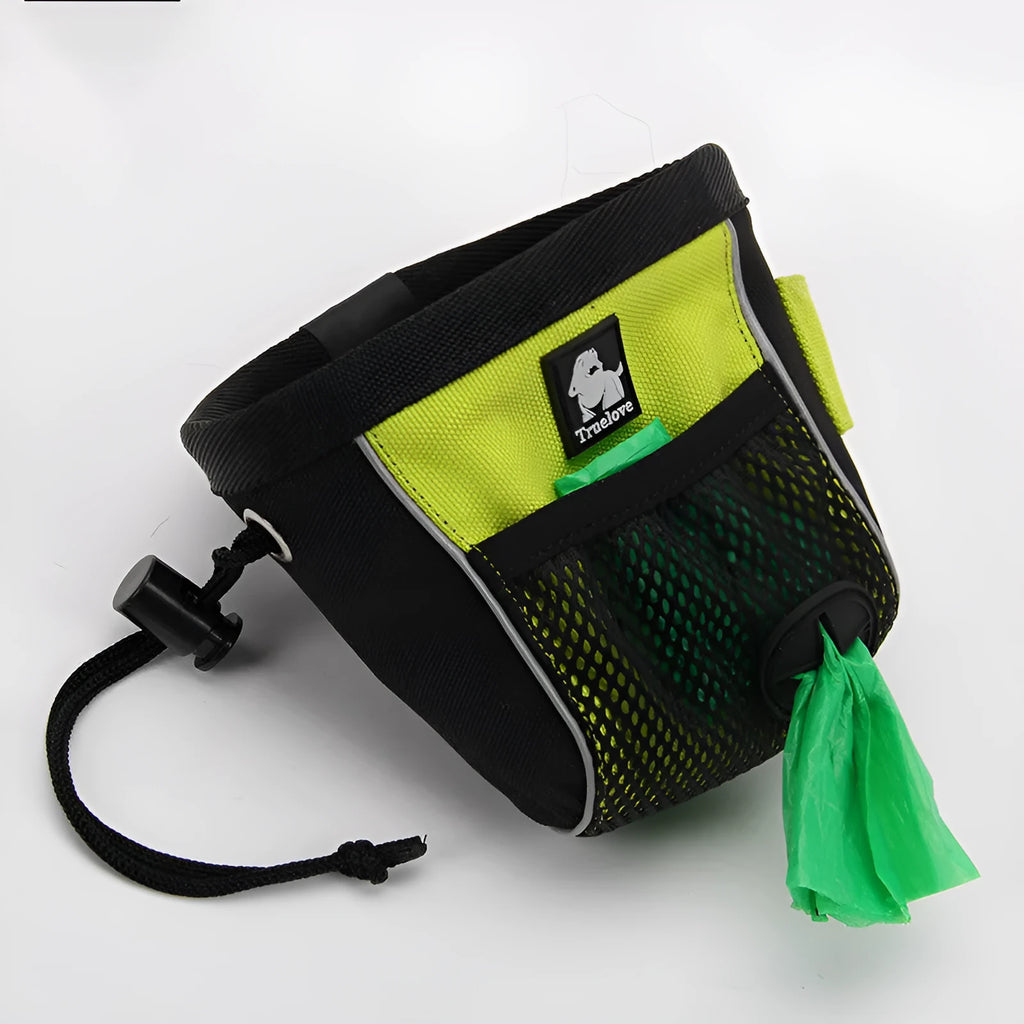 Green dog training waist bag with removable rubbish bag, showing Oxford cloth construction and adjustable waist strap