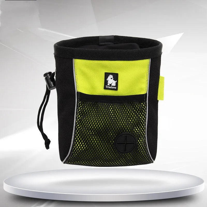 Green dog training waist bag with removable rubbish bag, showing Oxford cloth construction and adjustable waist strap