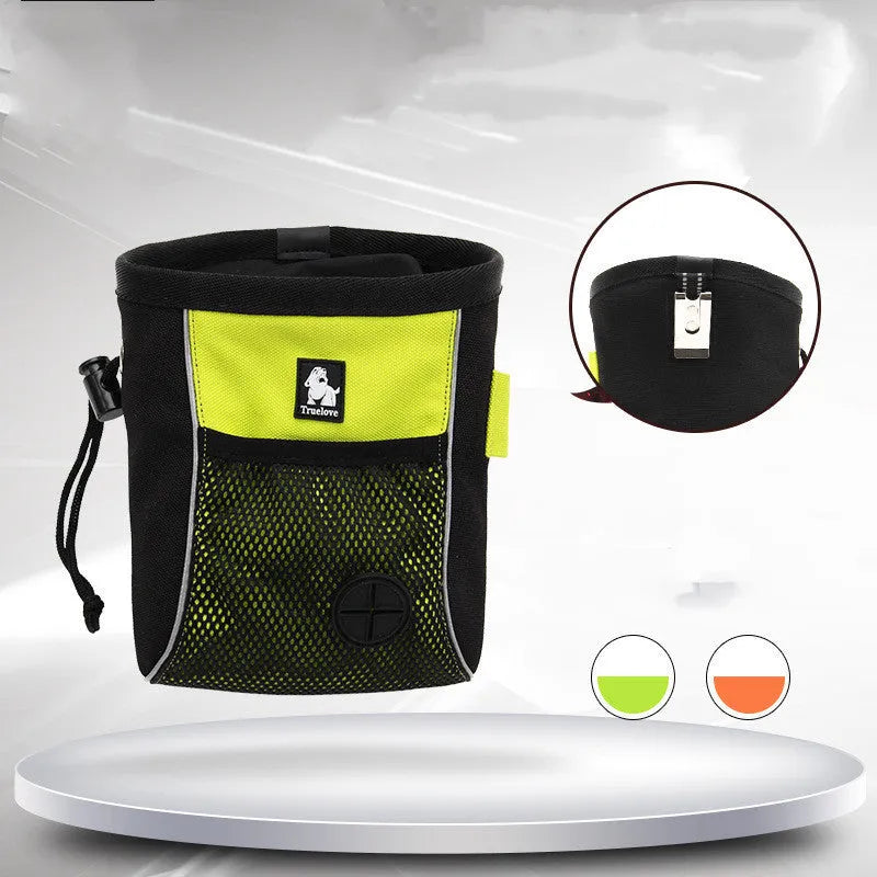 Green dog training waist bag with removable rubbish bag, showing Oxford cloth construction and adjustable waist strap