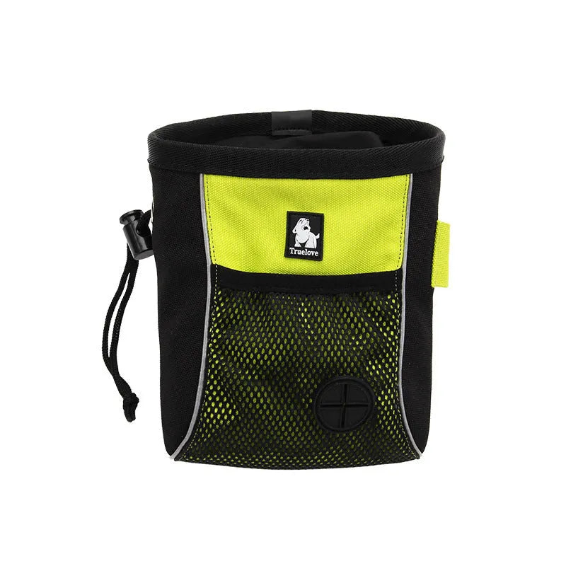 Green dog training waist bag with removable rubbish bag, showing Oxford cloth construction and adjustable waist strap