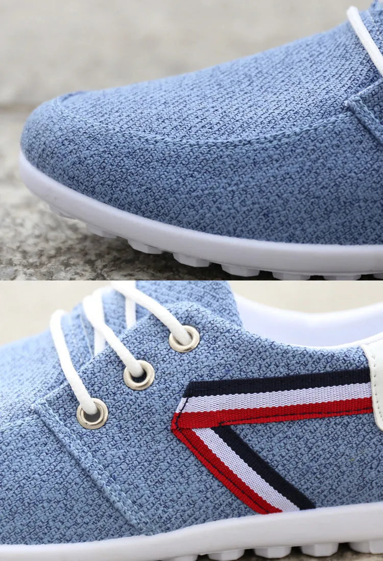 Men's soft-soled round toe canvas shoes in blue with colour stitching and totem pattern