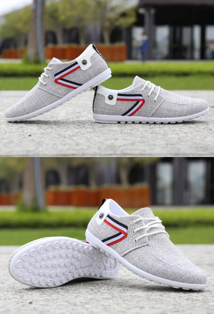 Men's soft-soled round toe canvas shoes in blue with colour stitching and totem pattern