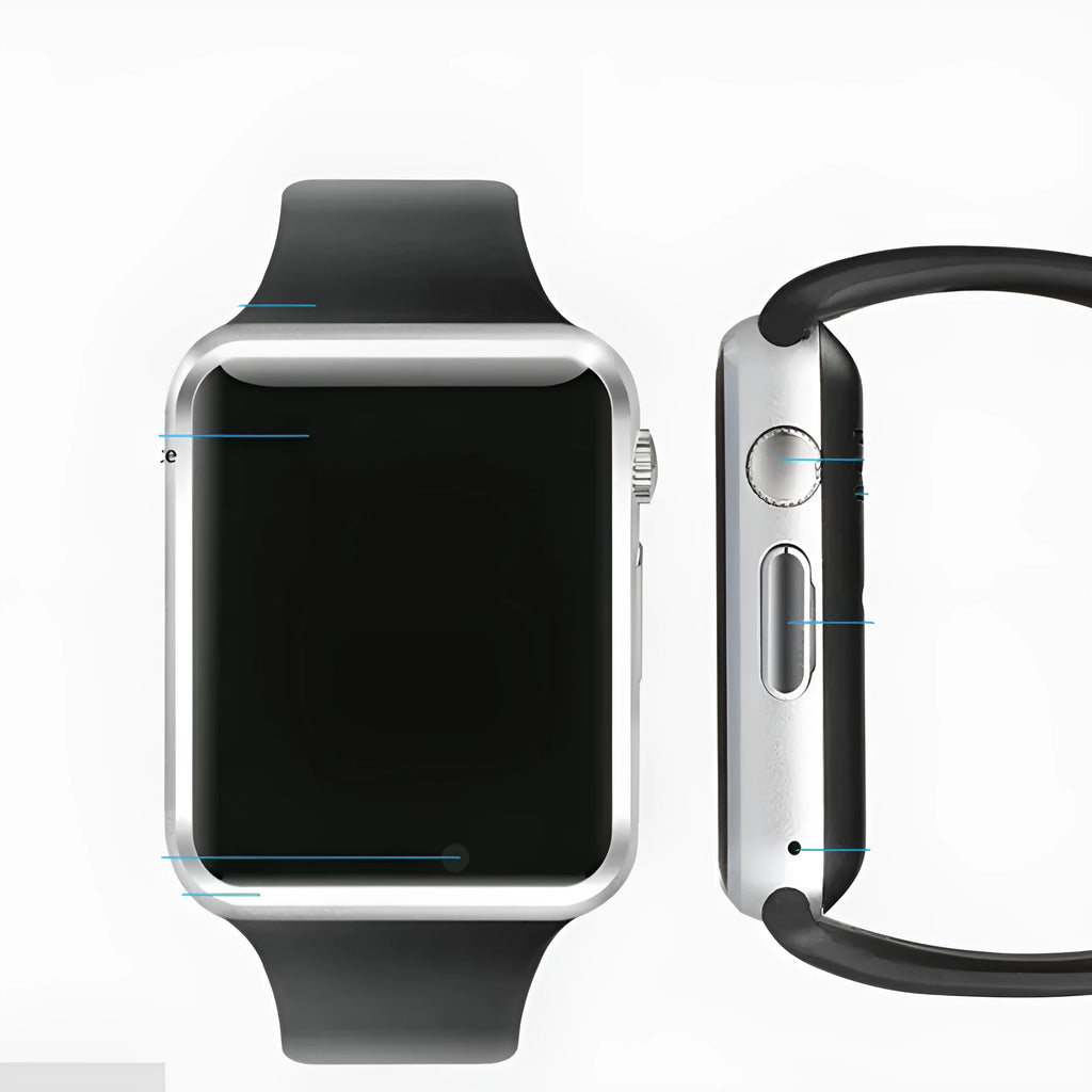 A1 Smart Watch in various colours on wrist, showing 1.54-inch screen, Bluetooth, and GSM SIM features.