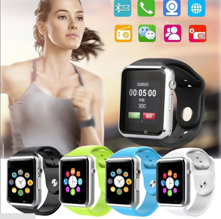 A1 Smart Watch in various colours on wrist, showing 1.54-inch screen, Bluetooth, and GSM SIM features.