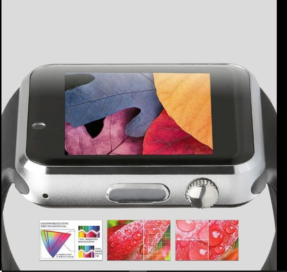 A1 Smart Watch in various colours on wrist, showing 1.54-inch screen, Bluetooth, and GSM SIM features.