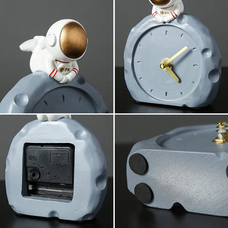 Resin astronaut desktop clock decoration in gold finish for children's bedroom bookcase