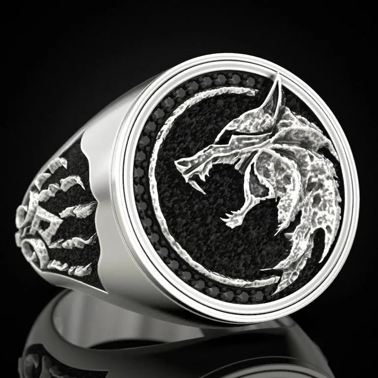 Viking warrior two tone copper men's ring with diamond-encrusted animal zodiac design in golden or silver.