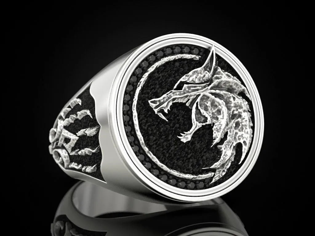 Viking warrior two tone copper men's ring with diamond-encrusted animal zodiac design in golden or silver.