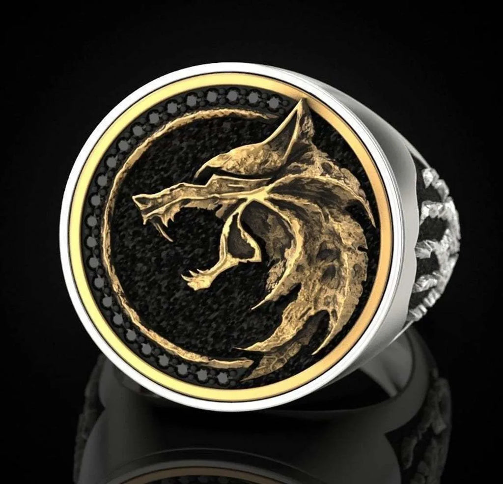 Viking warrior two tone copper men's ring with diamond-encrusted animal zodiac design in golden or silver.