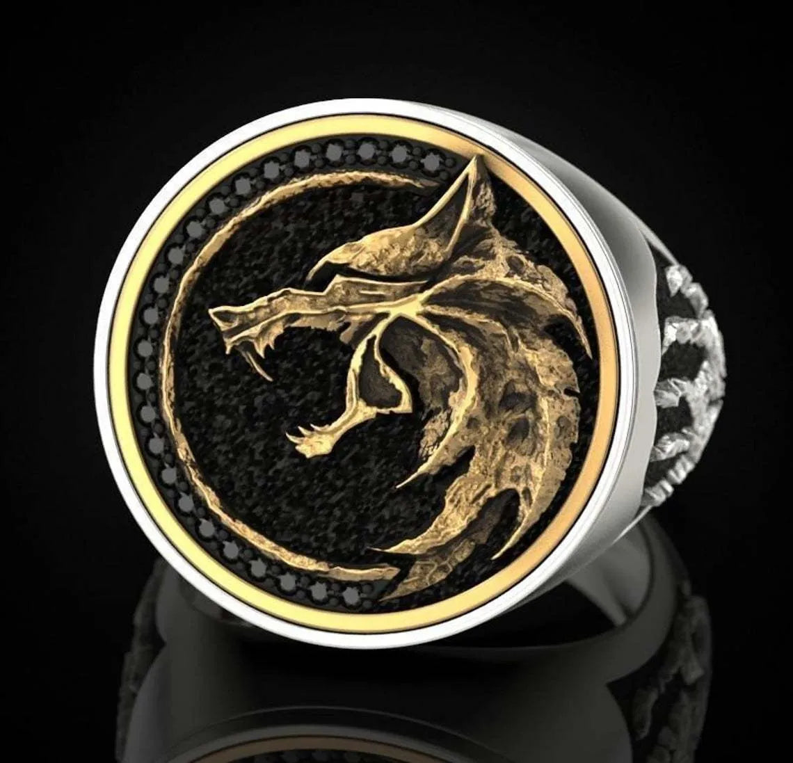 Viking warrior two tone copper men's ring with diamond-encrusted animal zodiac design in golden or silver.