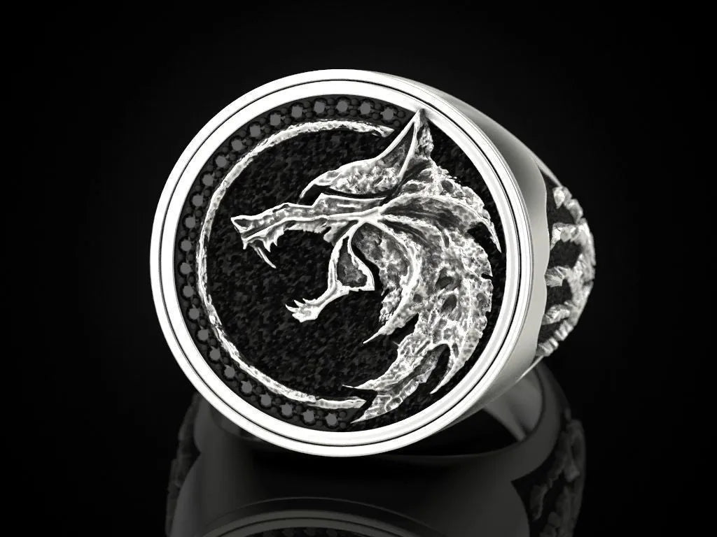 Viking warrior two tone copper men's ring with diamond-encrusted animal zodiac design in golden or silver.