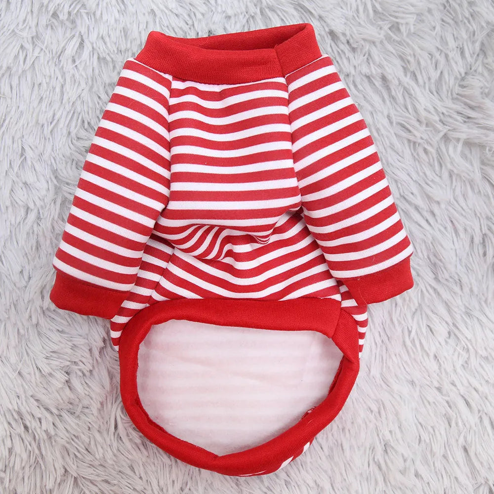 Small dog cat polyester sweater with teddy bear print in red striped design, XS size