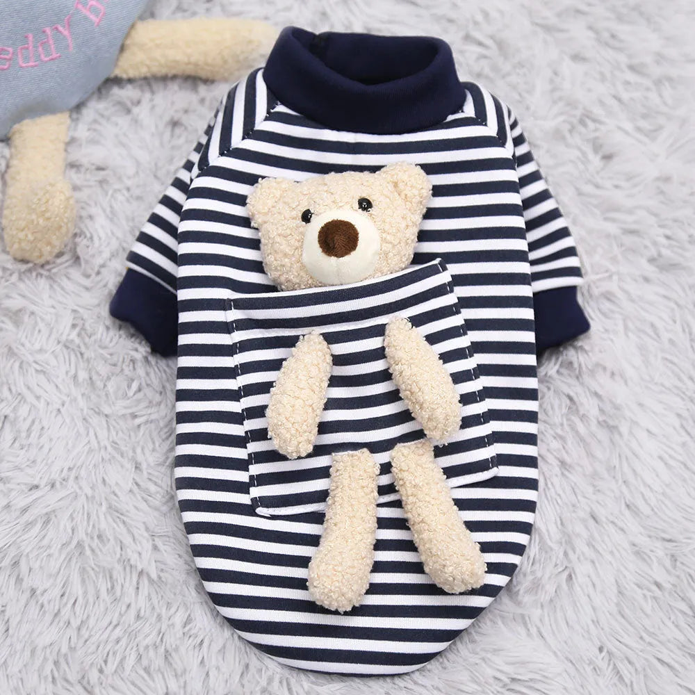 Small dog cat polyester sweater with teddy bear print in red striped design, XS size