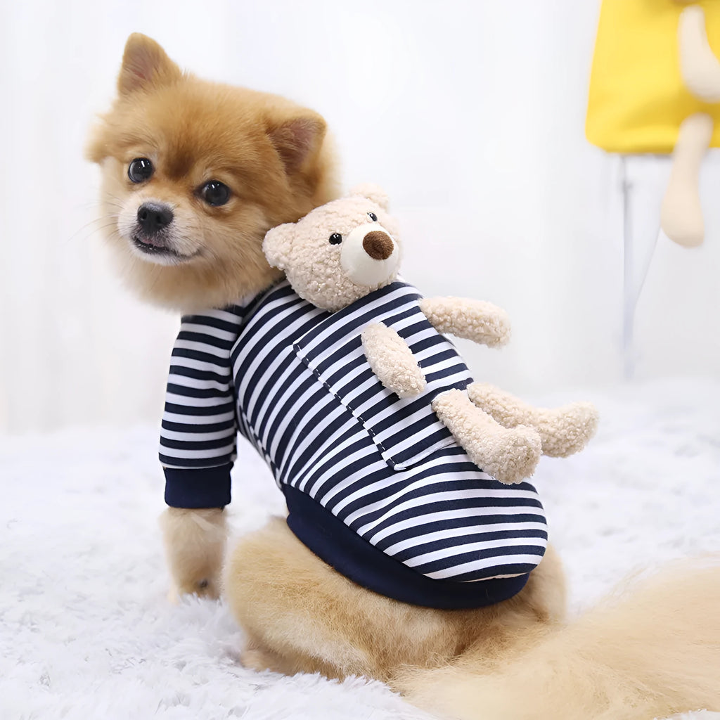 Small dog cat polyester sweater with teddy bear print in red striped design, XS size