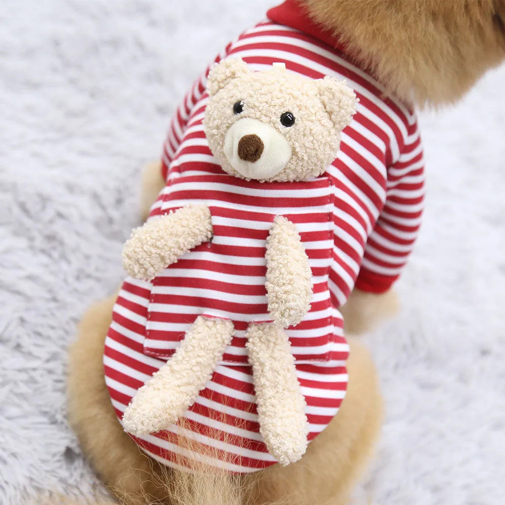 Small dog cat polyester sweater with teddy bear print in red striped design, XS size
