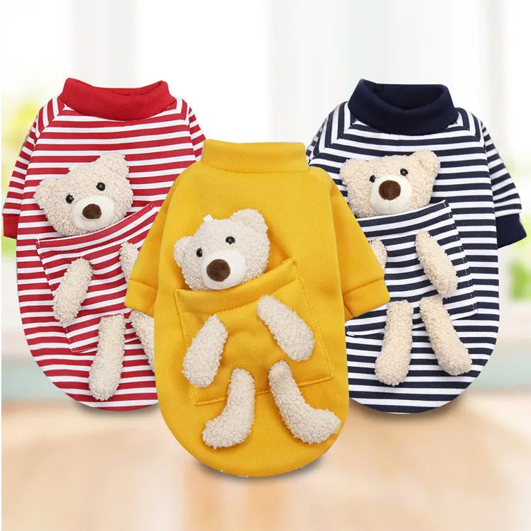 Small dog cat polyester sweater with teddy bear print in red striped design, XS size
