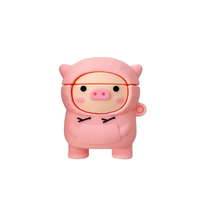 Pink silicone AirPods case with a cartoon pig in a sweater design and a silver keychain hook attached.