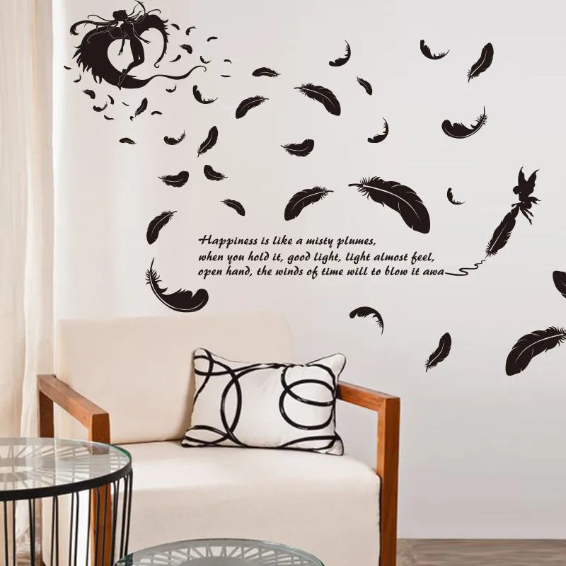 Black feather angel three generations removable wall stickers measuring 50x70 cm